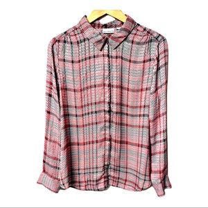 Liz Claiborne silky micro square pixel plaid  print  button down top #66D